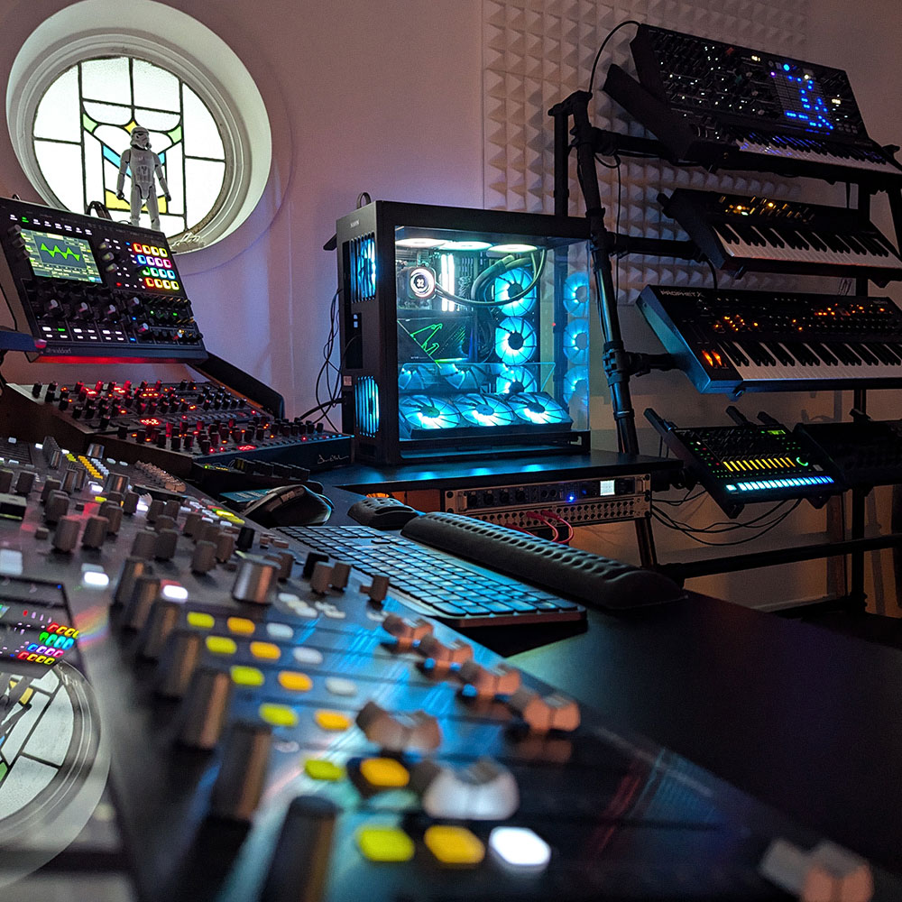 Detail of the SOWAYBEYOND studio desk, screens and workstation